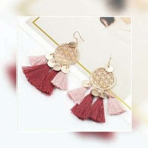 Pink & Burgundy Flower of LifeTassel Drop Earrings